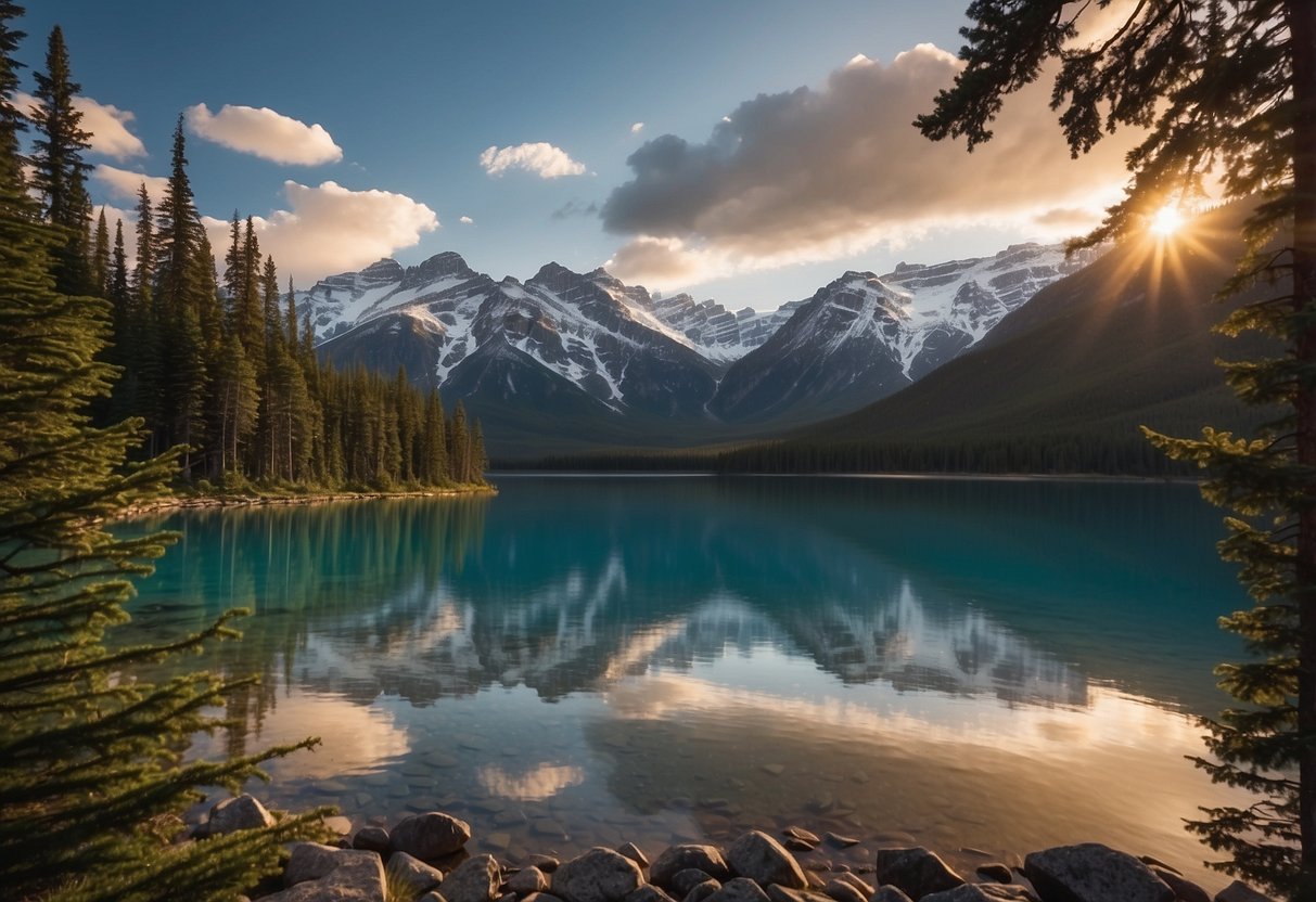 Sunrise over Jasper National Park, with snow-capped mountains, lush forests, and crystal-clear lakes, creating a breathtaking wilderness scene for bushcraft