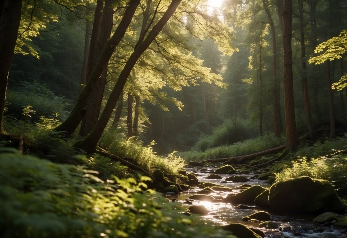 A serene forest clearing with a babbling brook, towering trees, and a backdrop of rugged mountains. The sunlight filters through the leaves, casting dappled shadows on the forest floor