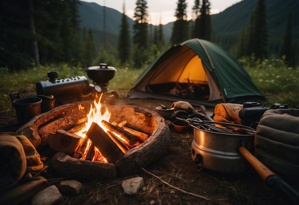 A campsite nestled in a lush forest clearing, with a crackling fire surrounded by neatly arranged bushcraft tools and safety equipment. The sun sets behind towering mountains, casting a warm glow over the serene wilderness