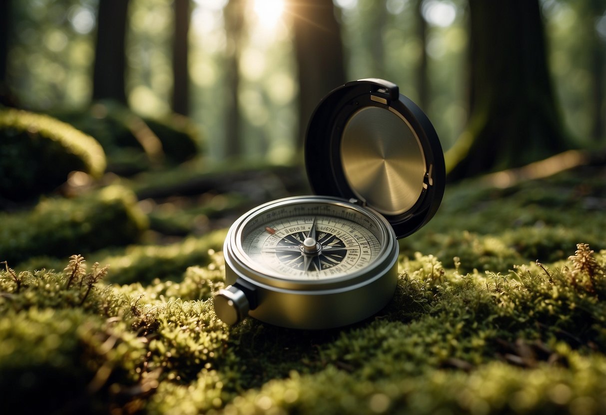 A map and compass laid out on a mossy forest floor, surrounded by towering trees and dappled sunlight streaming through the canopy