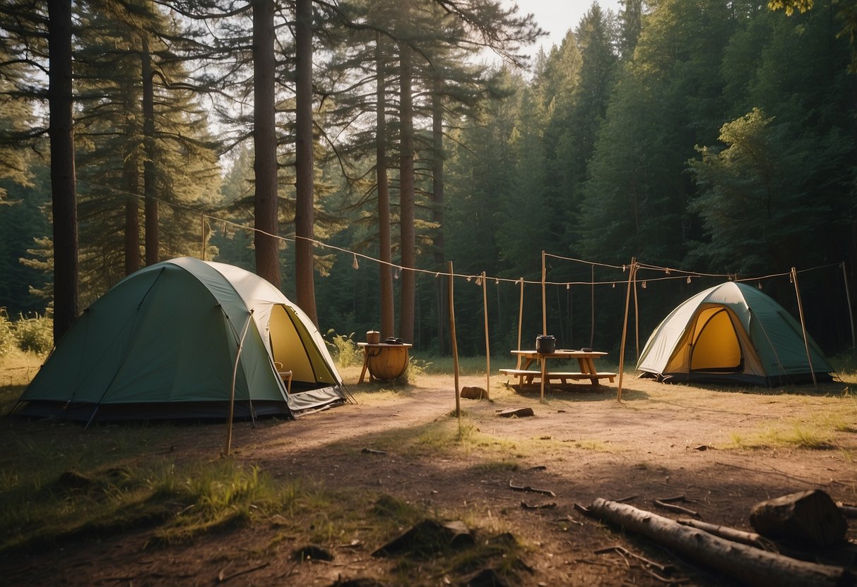 A campsite with 5 lightweight bushcraft rods propped against a tree, surrounded by a forest and a clear sky