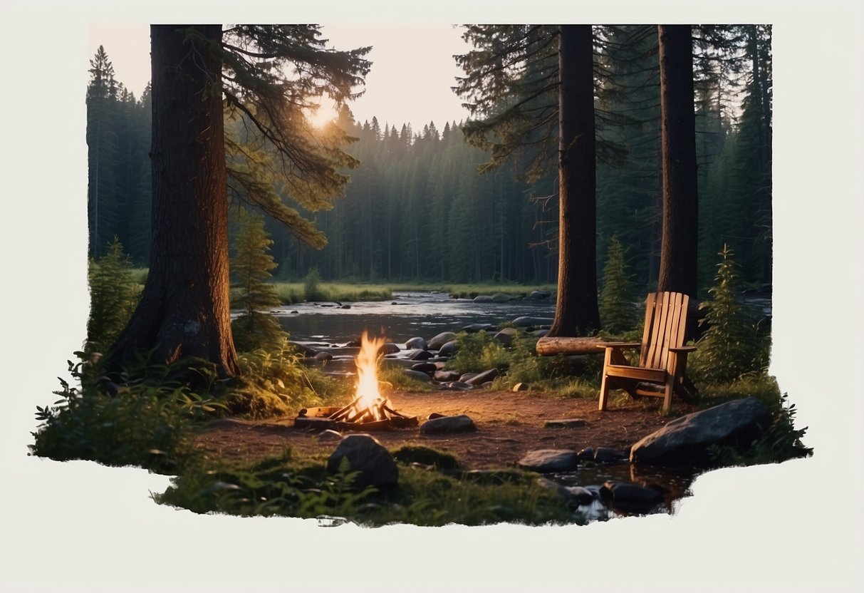 A tranquil forest clearing with a small campfire, surrounded by tall trees. A fishing rod leans against a tree, with a serene stream in the background