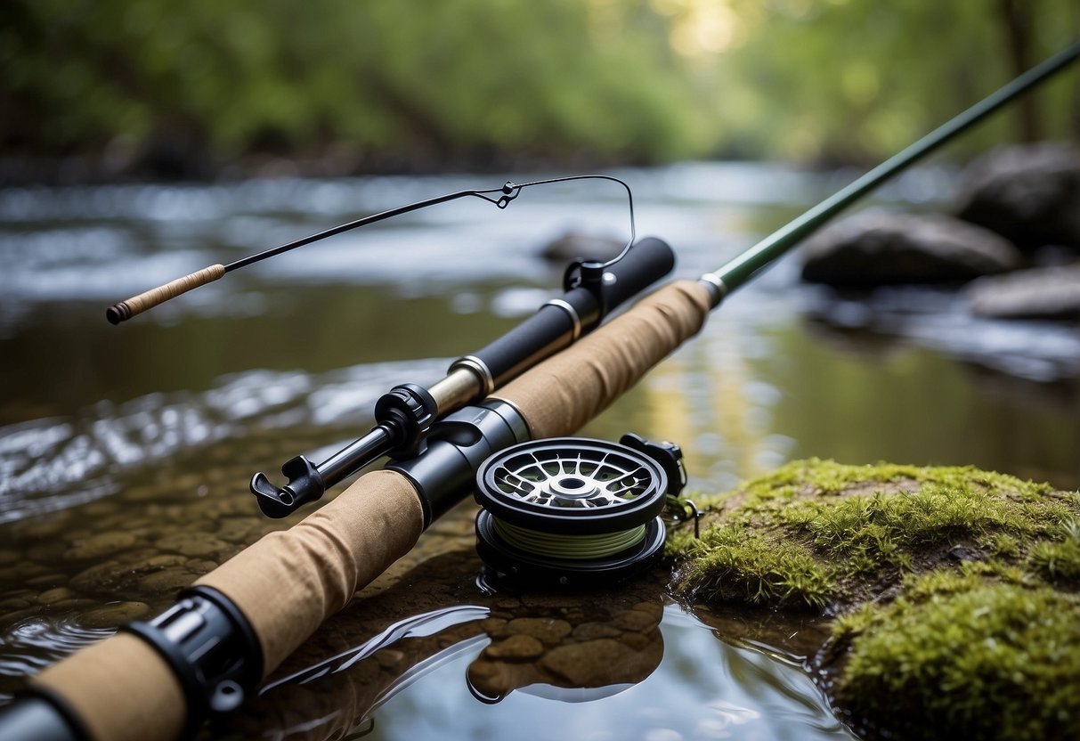 A tranquil riverbank with a St. Croix Triumph Spinning Rod set up for fishing. Surrounding the rod are lightweight bushcraft tools and equipment, creating a serene and adventurous scene