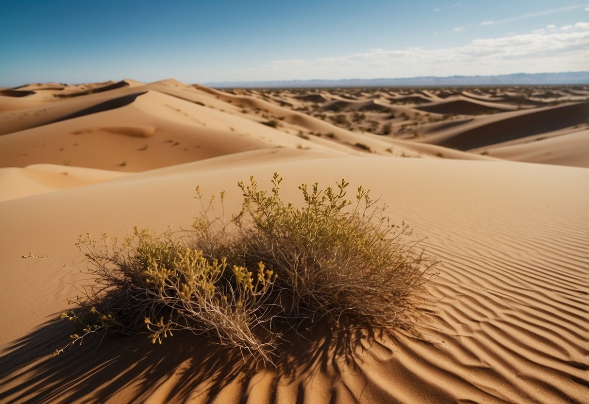 Golden sand dunes stretch to the horizon, dotted with hardy desert bushes. A clear blue sky stretches overhead, with the occasional hawk circling above