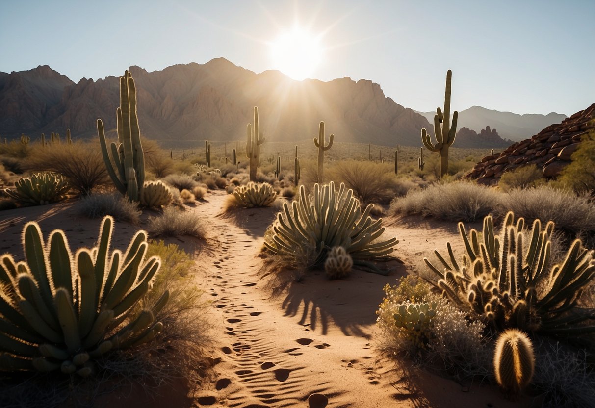 A winding trail cuts through the Sonoran Desert, surrounded by towering cacti, rugged mountains, and golden sand dunes. The sun beats down on the arid landscape, casting long shadows across the rugged terrain