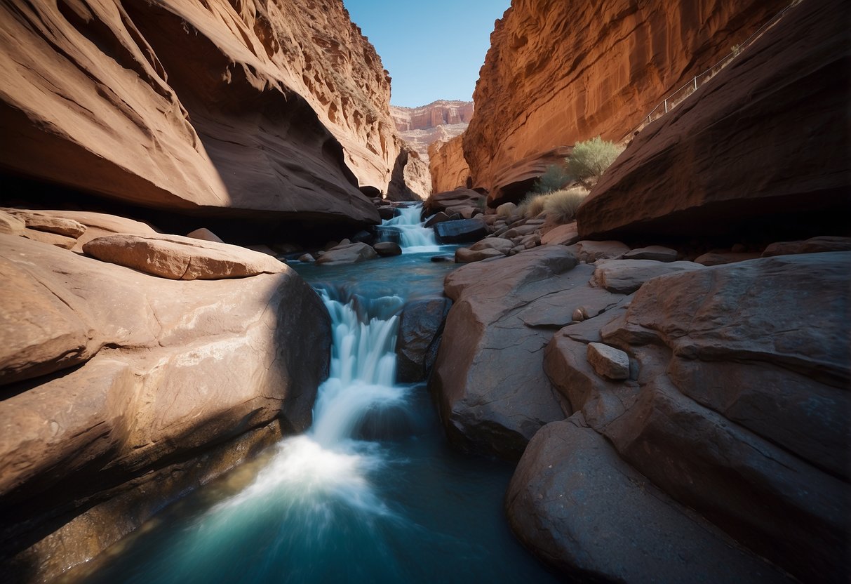 A narrow canyon with a rushing waterfall, surrounded by desert bushcraft routes