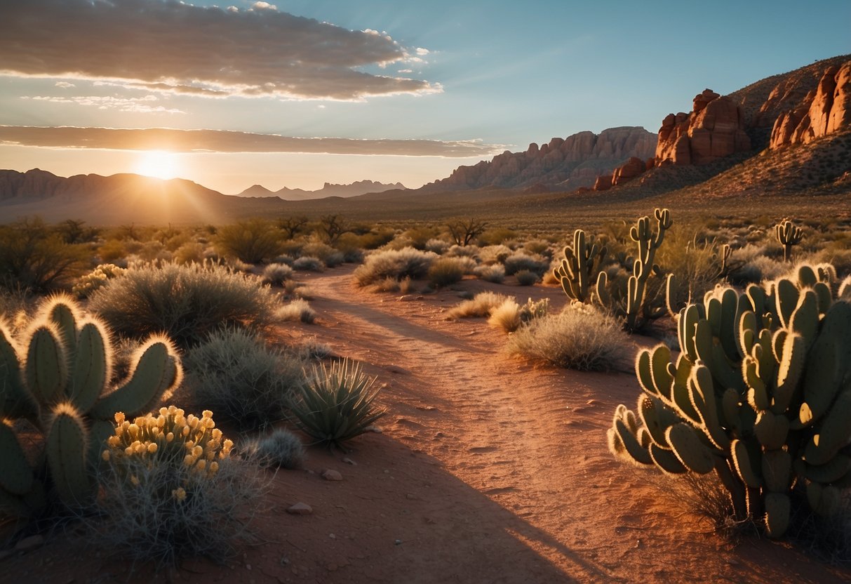 A winding desert trail with red rock formations, sagebrush, and prickly pear cacti. The sun sets over the rugged landscape, casting long shadows