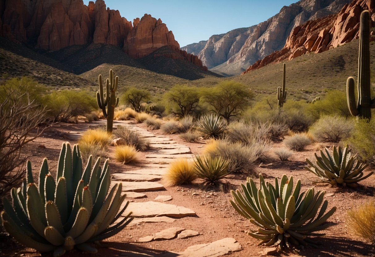 A winding path cuts through the rugged terrain of Red Rock Canyon, surrounded by desert bushes and cacti. The rocky landscape is bathed in warm sunlight, creating a stark and beautiful contrast