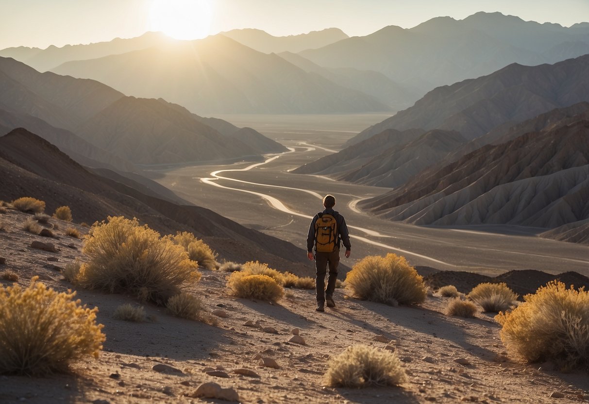 A lone figure traverses Death Valley Ridge, surrounded by vast desert landscapes and rugged terrain. The harsh sun beats down on the arid landscape, with sparse vegetation and rocky outcrops dotting the horizon