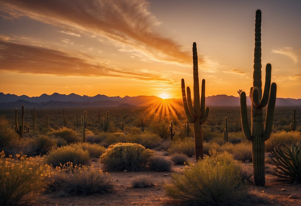 Sunset over Saguaro National Park, cacti silhouetted against the orange sky. Rocky desert trail winds through the rugged landscape