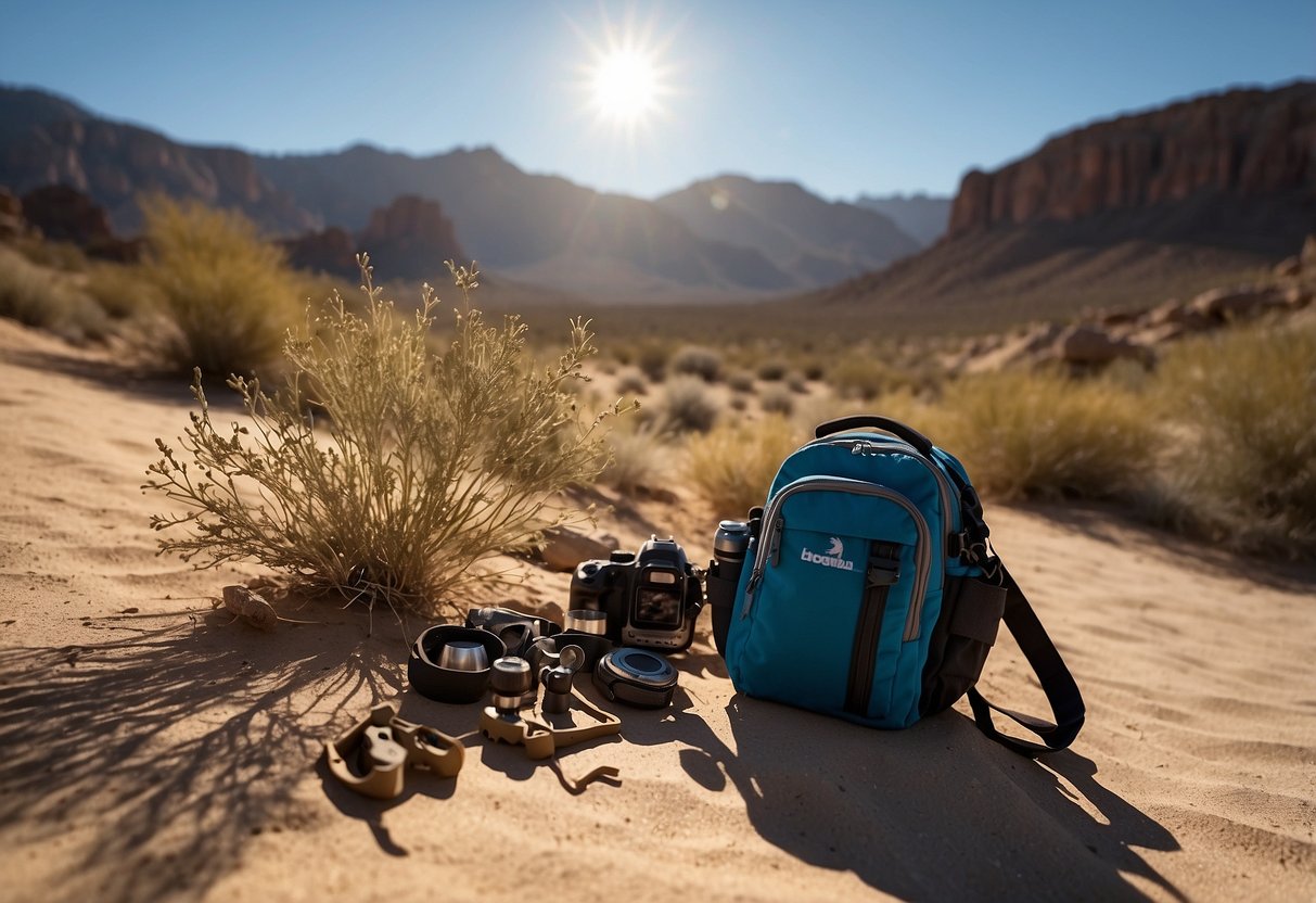 A desert landscape with winding trails, sparse vegetation, and rugged terrain. A clear blue sky and the sun casting long shadows. Various survival tools and equipment scattered throughout the scene