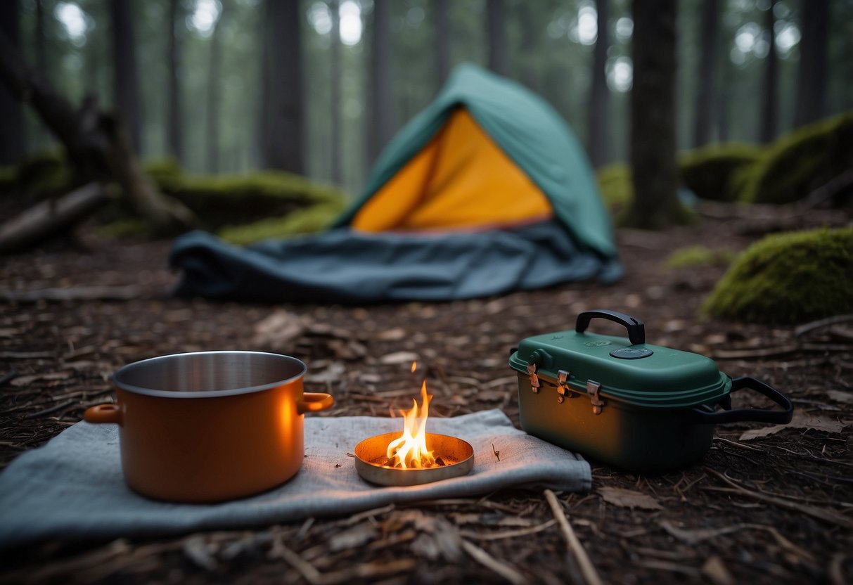 A campfire crackles surrounded by forest, with a tarp shelter and backpacks nearby. A map and compass lay on the ground, next to a water bottle and a small pot cooking over the flames