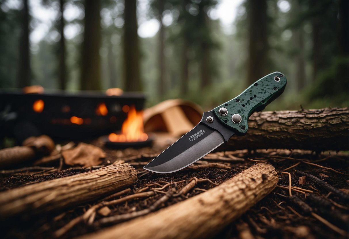 A multi-tool knife is being used to carve wood in a peaceful forest setting, surrounded by camping gear and a crackling campfire