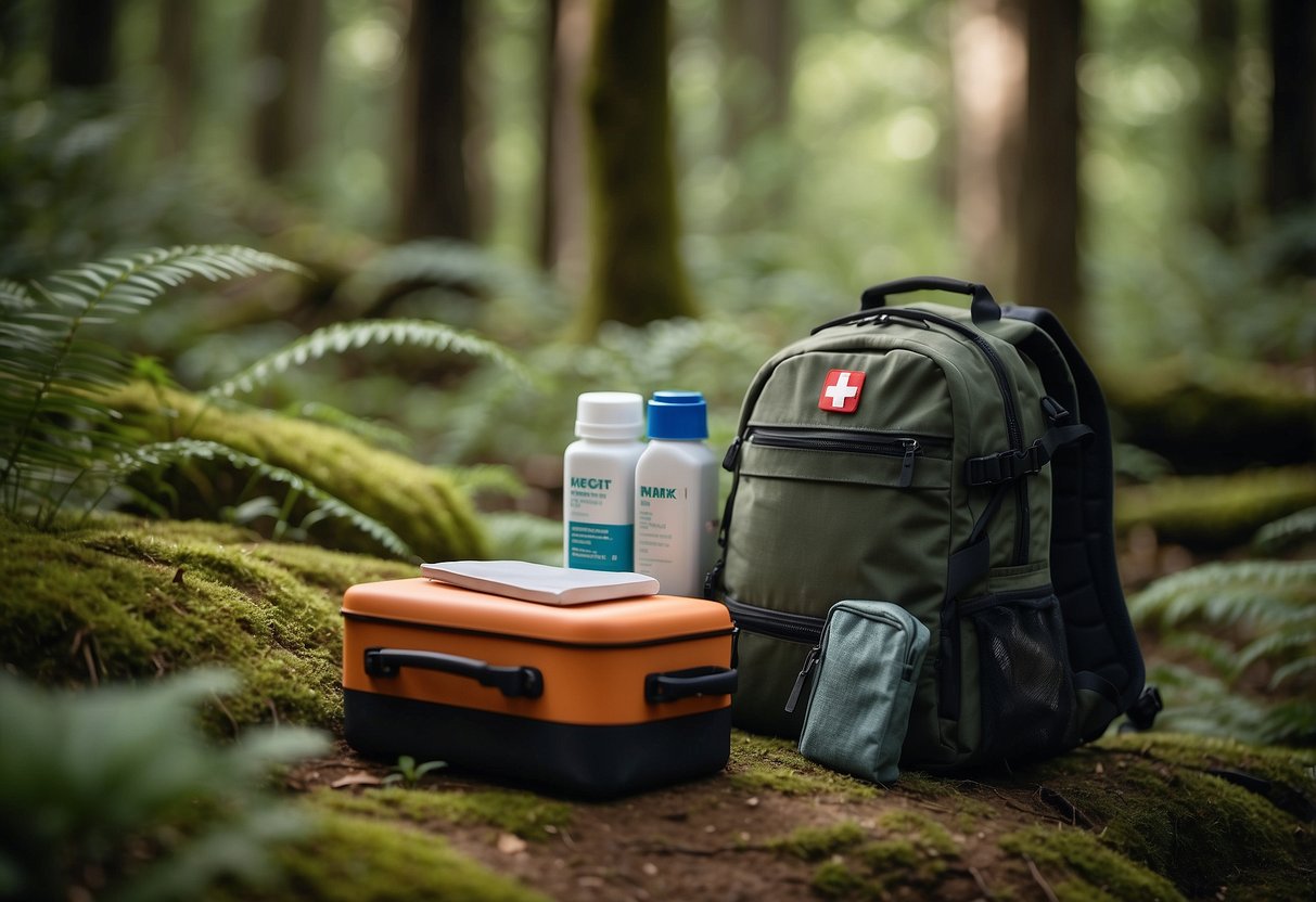 A first aid kit sits neatly packed next to a backpack in a lush forest setting, surrounded by trees and wildlife