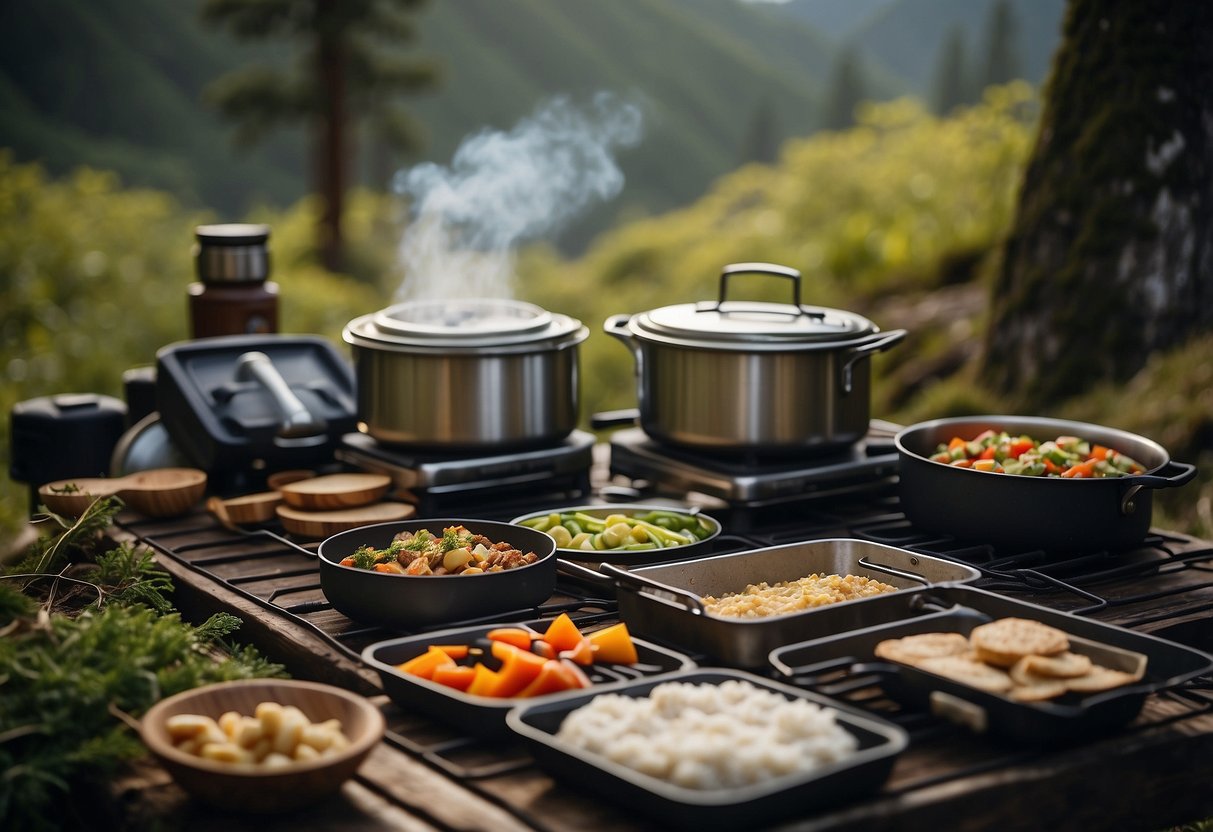 A campsite with a neatly organized meal prep area, including a portable stove, cooking utensils, and a variety of pre-packaged and fresh ingredients. Outdoor gear and a scenic natural backdrop complete the scene