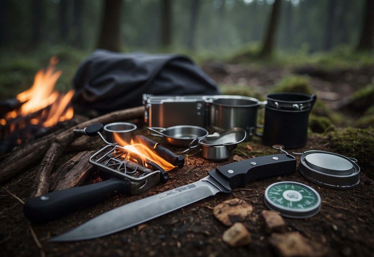 A campfire surrounded by essential bushcraft gear, including a sturdy knife, a compact saw, a durable tarp, a reliable compass, and a mess kit with utensils