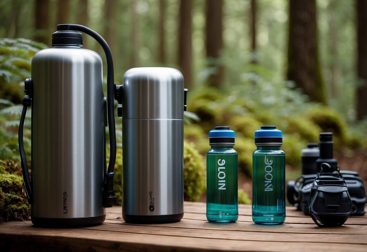 A group of 5 hydration systems laid out on a wooden table in a forest clearing, surrounded by camping gear and foliage