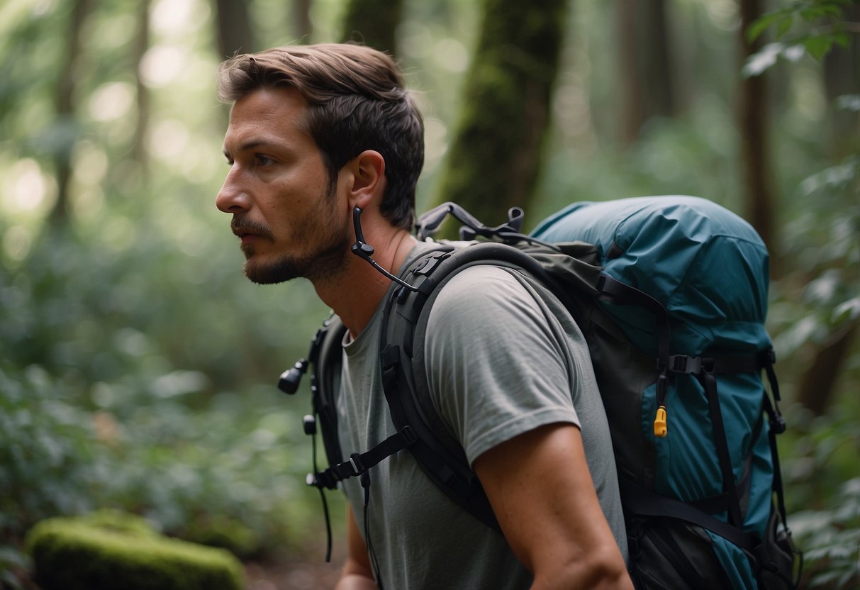 A bushcraft enthusiast uses a hydration system, with a water bladder and tube, attached to their backpack while hiking through a dense forest