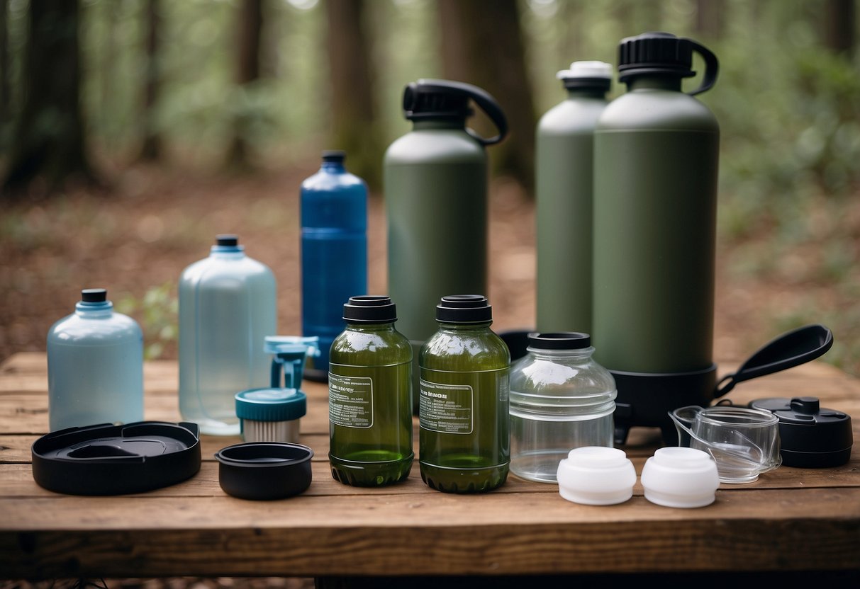 A bushcraft campsite with various hydration systems: water bottles, hydration bladders, canteens, and portable water filters laid out on a wooden table