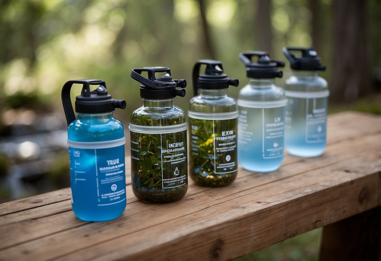 A table displaying 5 different hydration systems for bushcraft trips. Each system is labeled and arranged neatly for comparison