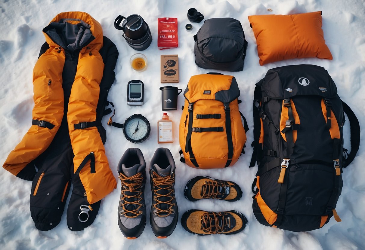 Snowshoes, poles, waterproof boots, gaiters, warm layers, hat, gloves, backpack, map, compass, and snacks arranged on snowy trail