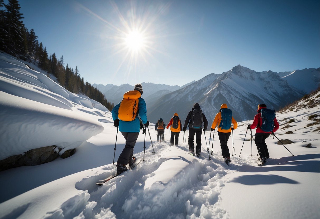 Snowshoers in Crocodile Gaiters trek through snow-covered terrain with essential gear