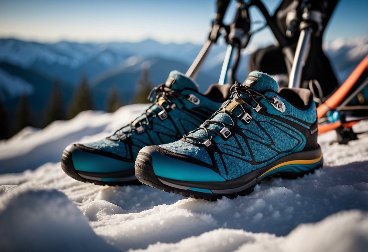 A pair of Smartwool PhD Nordic Light Elite socks lies next to snowshoes, poles, and other essential gear items for beginner snowshoers