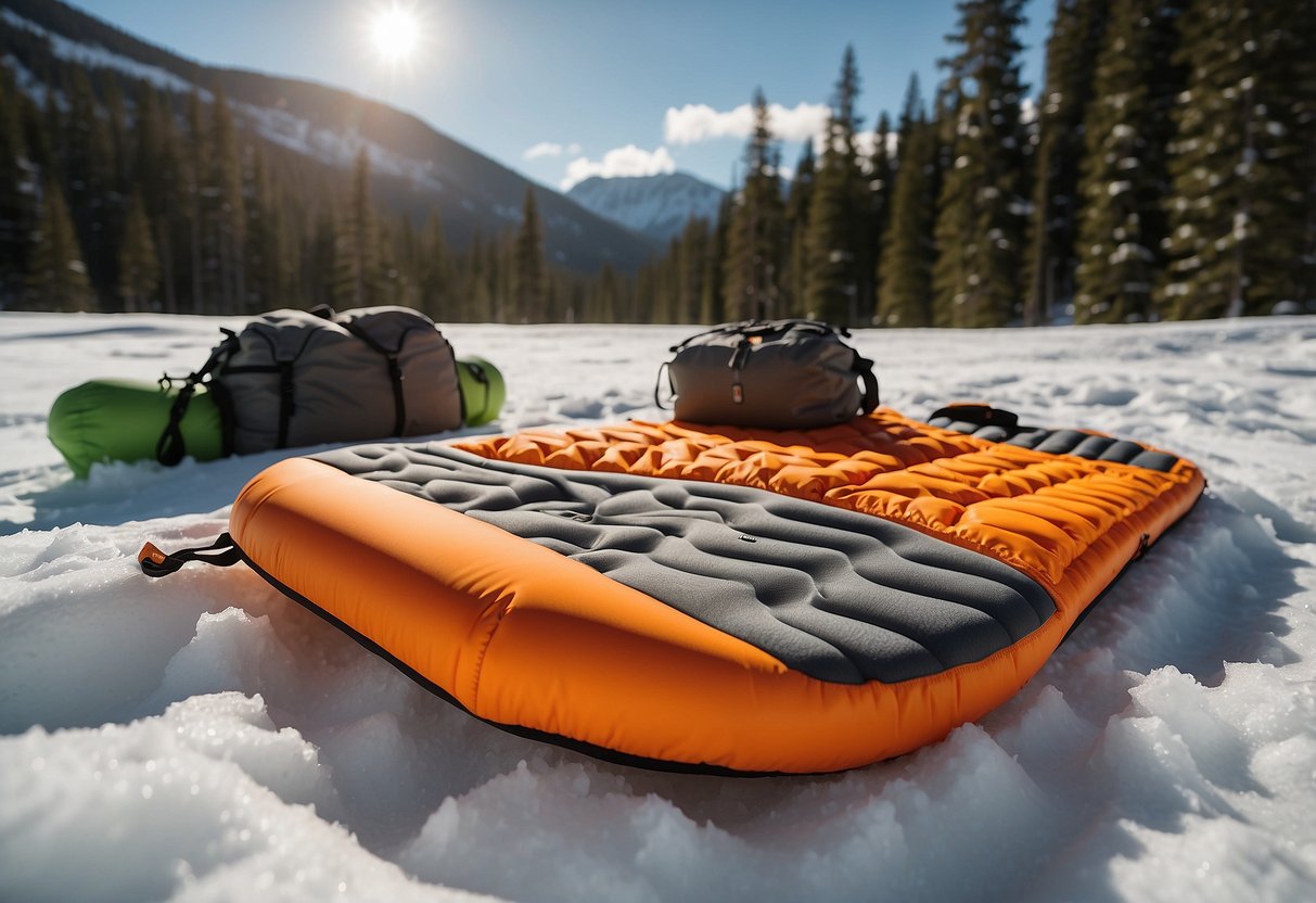 A bright orange Therm-a-Rest Z Lite Sol Sleeping Pad lies on the snow next to a pair of snowshoes, a backpack, and other essential gear items for beginner snowshoers