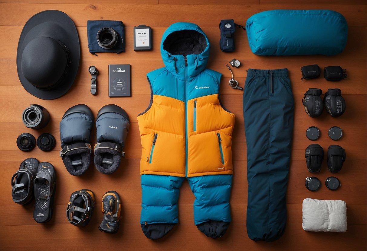 A pair of Columbia Bugaboo II Ski Pants laid out next to 10 essential gear items for beginner snowshoers