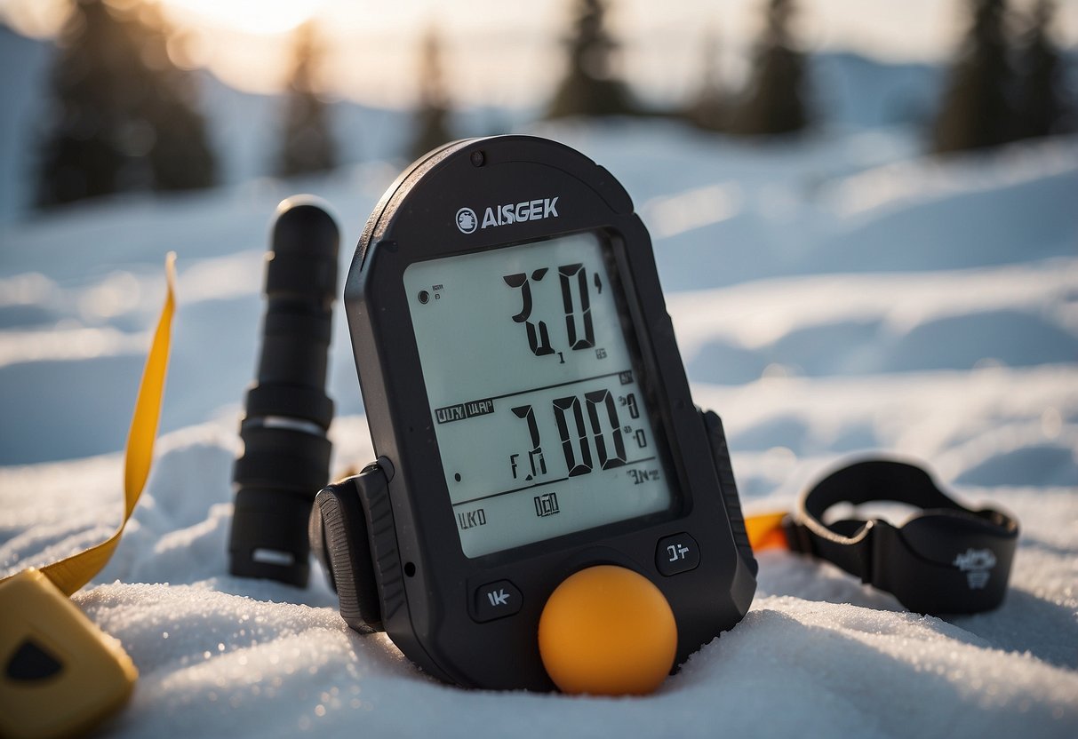 A digital snow thermometer sits next to essential gear for beginner snowshoers