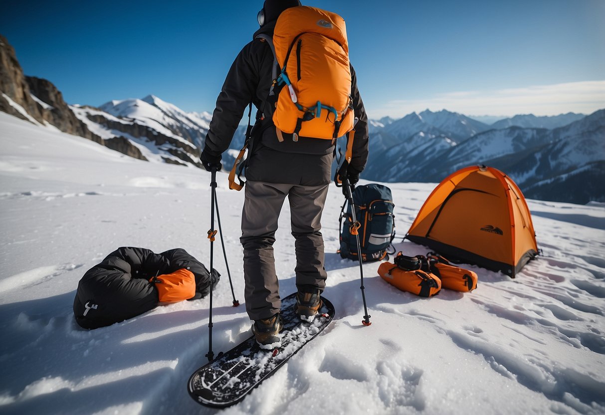 A snowshoer stands on a snowy trail with a Mammut Pro Protection Airbag Pack, surrounded by essential gear items like snowshoes, trekking poles, and a first aid kit