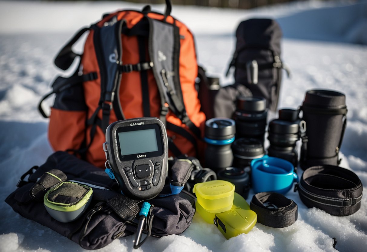 A Garmin inReach Mini sits atop a backpack, surrounded by essential gear items for beginner snowshoers: snowshoes, trekking poles, water bottle, first aid kit, compass, map, headlamp, snacks, and insulated clothing