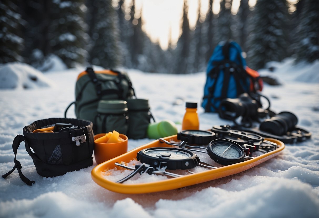 Snowshoes, poles, waterproof boots, warm layers, headlamp, map, compass, first aid kit, emergency whistle, and snacks laid out on a snowy trail