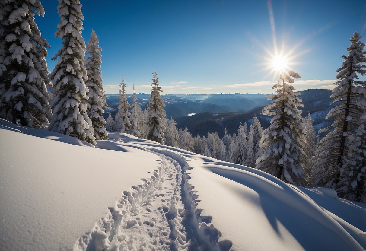 Snow-covered trails winding through National Parks, surrounded by tall trees and majestic mountains. Snowshoes leaving deep imprints in the fresh powder, with a clear blue sky above