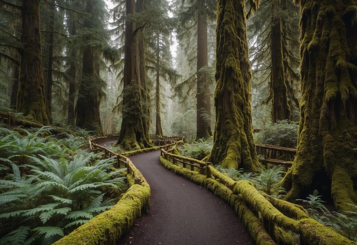 Snow-covered Hoh Rain Forest Trail in Olympic National Park, with towering trees and a winding path