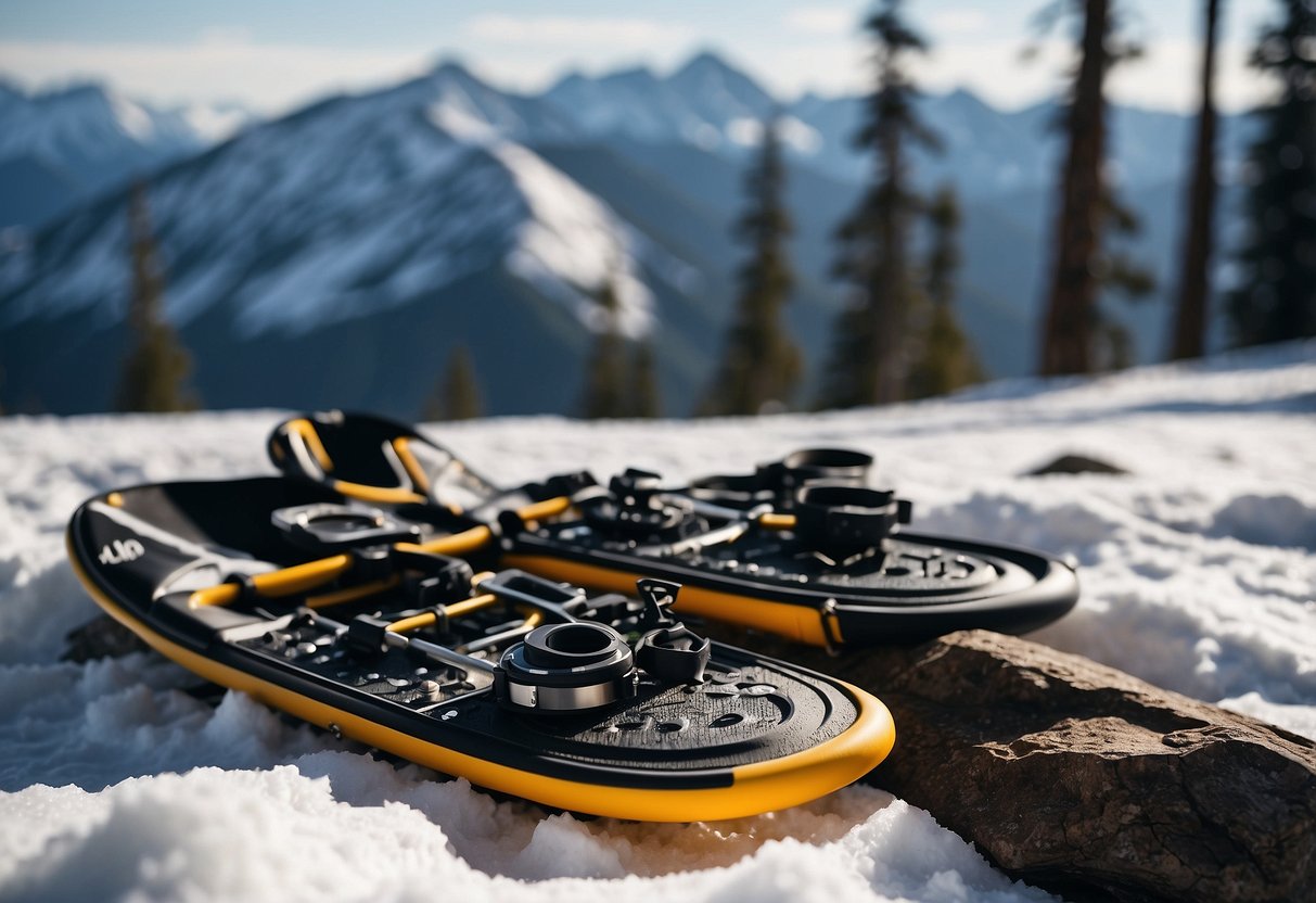 Snowshoes and gear laid out on snowy ground, with a map and compass nearby. Trees and mountains in the background