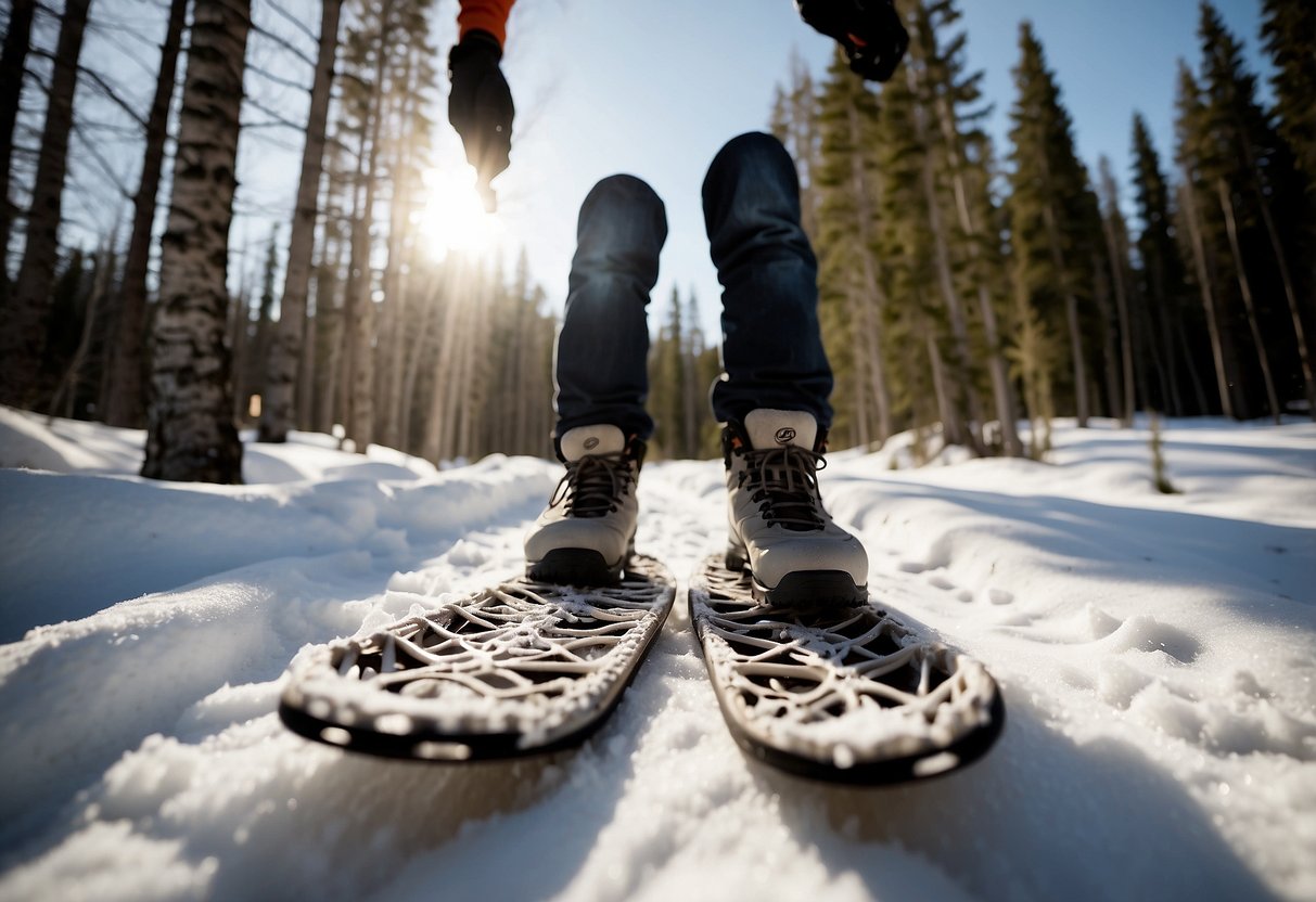 Snowshoes on a snowy trail, with trees and mountains in the background. A person demonstrating proper technique, with a focus on foot placement and balance