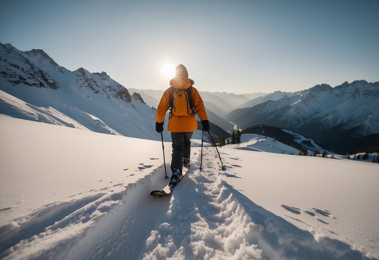 A snowshoer stands tall, shoulders back, and head held high. Their feet are parallel, knees slightly bent, and arms relaxed at their sides. The snowshoer maintains a strong and balanced posture as they move through the snowy landscape