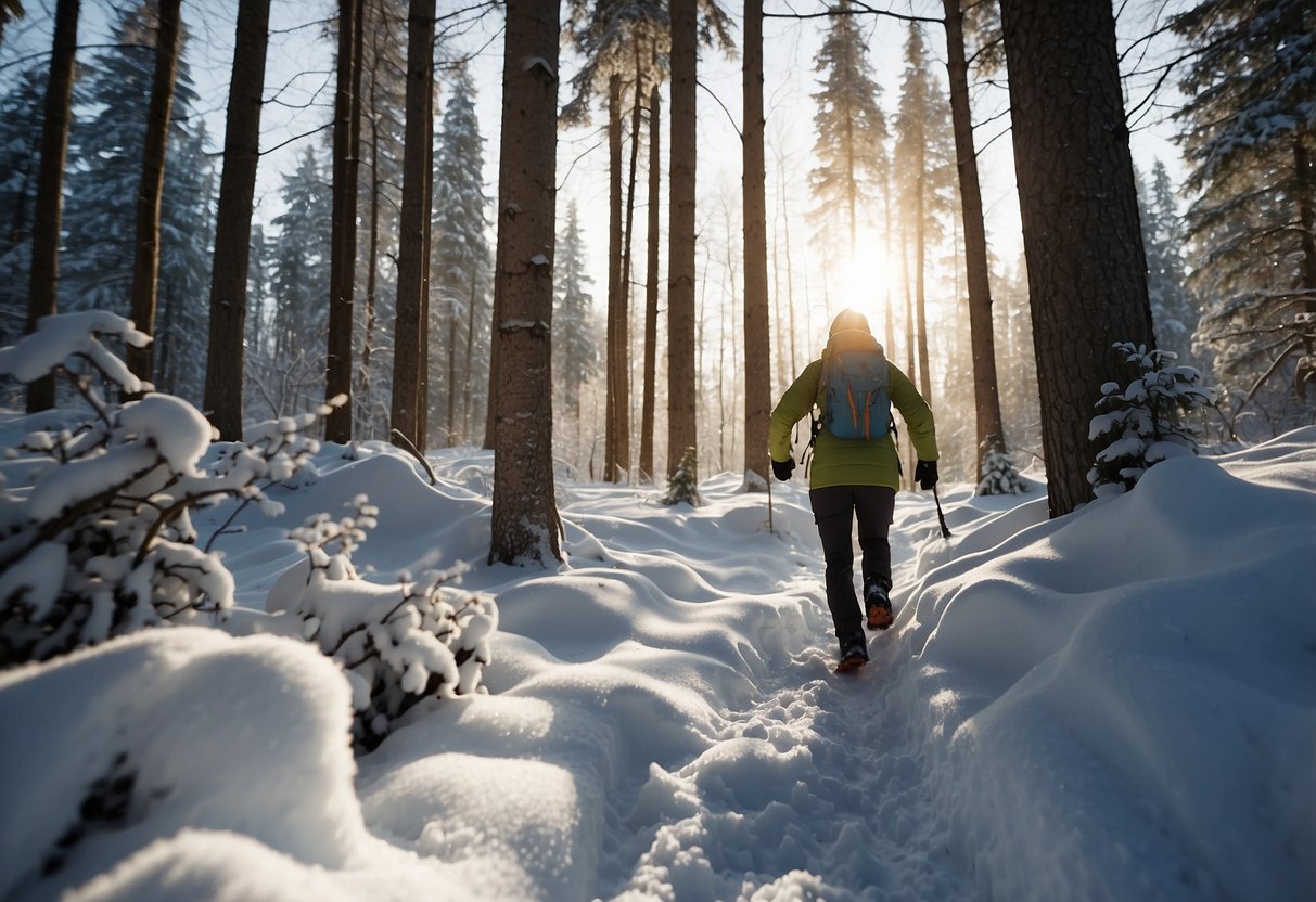 A snowshoer strides through a snowy forest, carrying a water bottle. Snow-covered trees surround the trail, with sunlight filtering through the branches