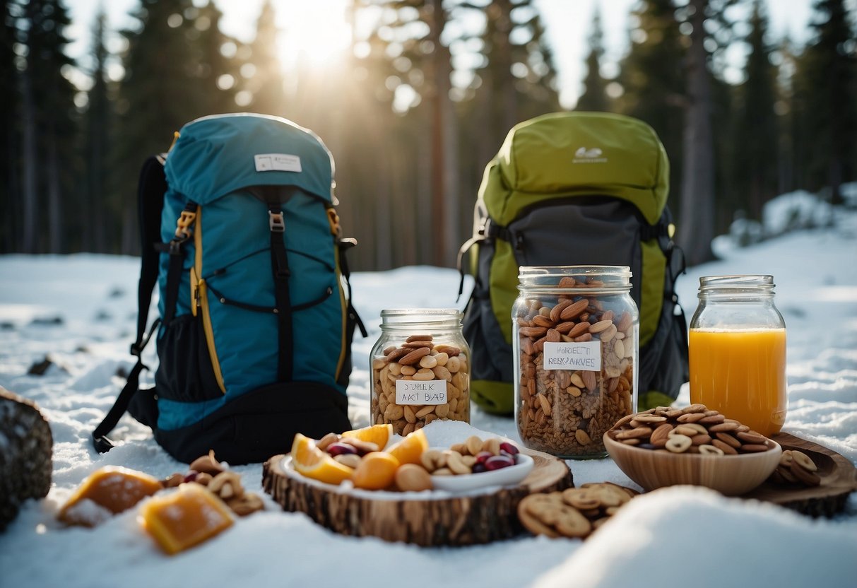 A snowy forest trail with a backpack open to reveal 10 tasty snacks: trail mix, granola bars, fruit, nuts, and energy bars. Snowshoes and trees in the background