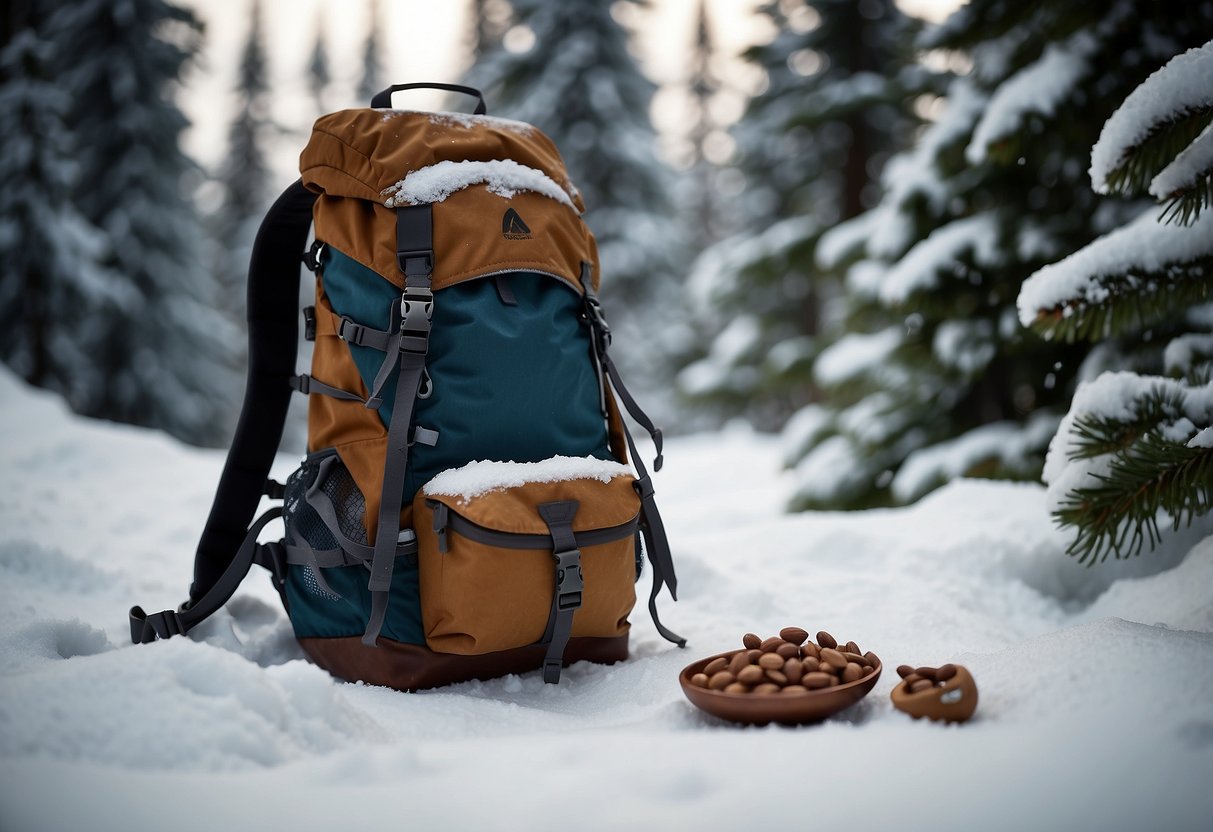 A snowy landscape with snowshoes and a backpack, surrounded by pine trees. A pack of Kind Snacks Dark Chocolate Nuts & Sea Salt is placed on the snow