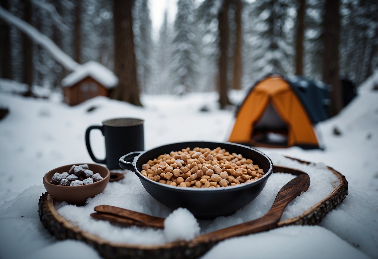 A snowy forest clearing with a cozy campfire surrounded by snowshoes and a backpack filled with RXBAR Chocolate Sea Salt snacks