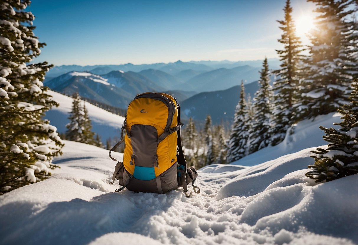 A snowy mountain trail with a backpack open to reveal Clif Bar Peanut Butter Banana and other snacks. Snowshoes and trees in the background