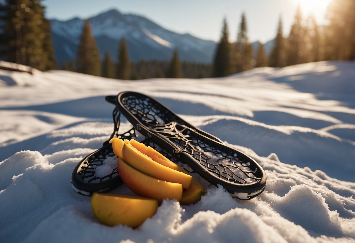 Snowshoes and snack bag sit in snowy landscape. Sunlight glints off Just Mango Slices packaging. Trees and mountains in background