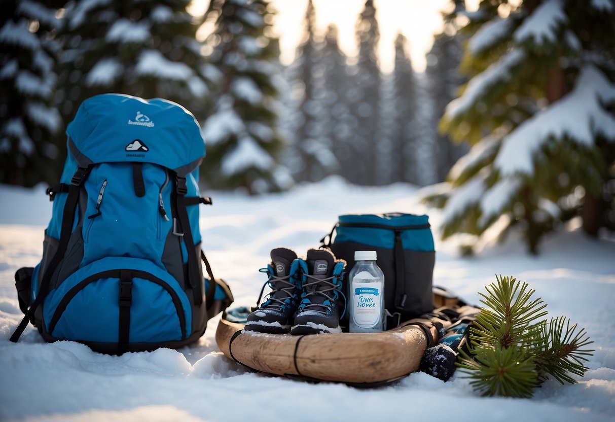 A snowy landscape with a group of snowshoes and a backpack, surrounded by pine trees. A pack of Blue Diamond Almonds, Lightly Salted is placed prominently in the center