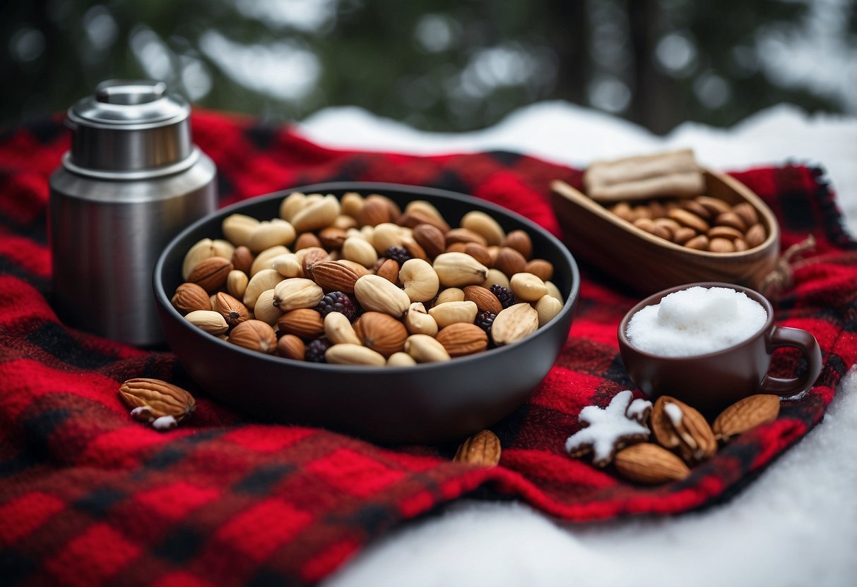 A snowy forest clearing with a colorful assortment of nuts, seeds, and dried fruits scattered on a red checkered blanket, surrounded by snowshoes and a thermos of hot cocoa