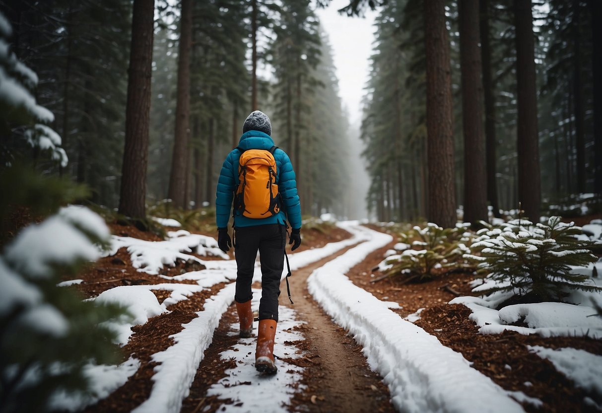 A snowy trail winds through a forest, with snowshoe tracks leading to a cozy clearing. A backpack sits open, filled with Nature Valley Crunchy Granola Bars and a thermos of hot cocoa