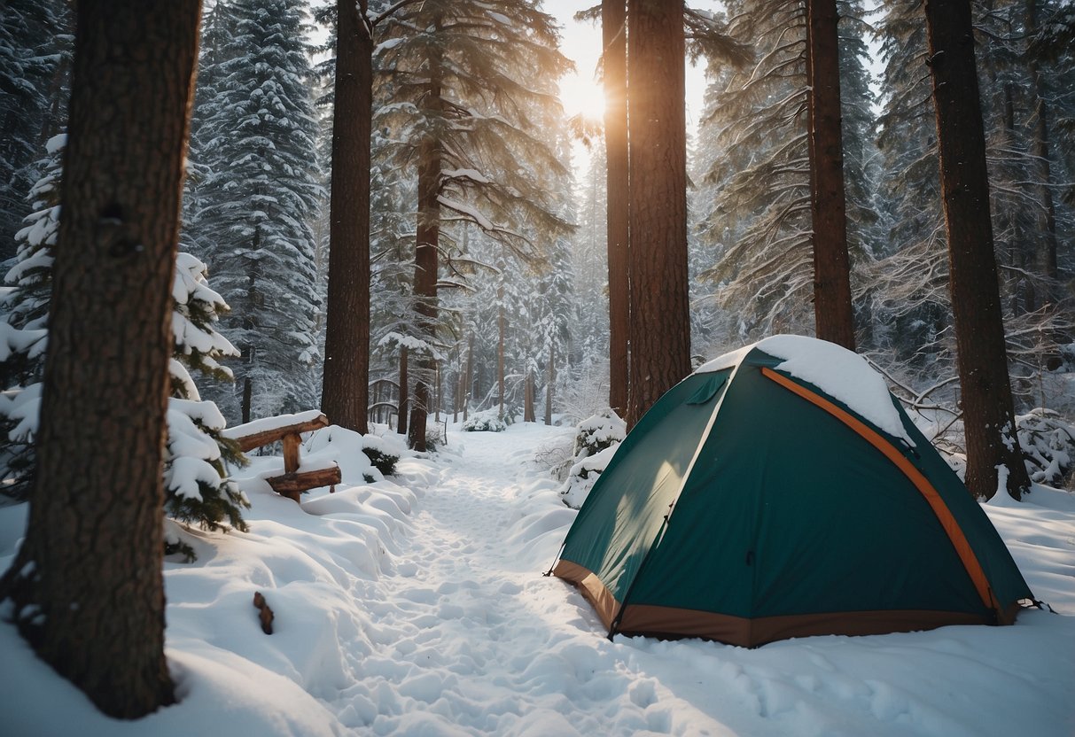 A snowy forest trail with snowshoe tracks leading to a cozy campsite. A backpack sits open, revealing GoGo squeeZ Apple Cinnamon snacks nestled among other winter gear