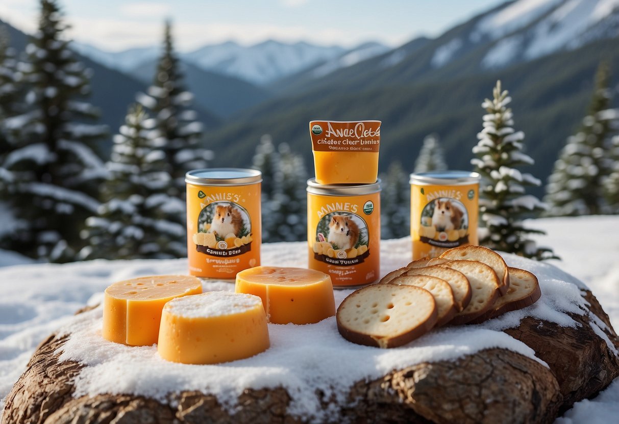 A snowshoeing scene with Annie's Organic Cheddar Bunnies snacks placed on a snowy rock with snow-capped trees in the background