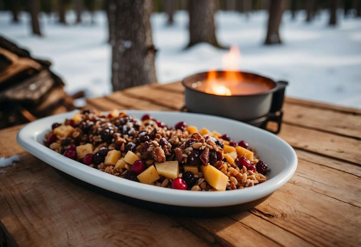 A snowy landscape with a trail of snowshoes leading to a cozy campfire, surrounded by pine trees. A bison bacon cranberry bar is placed on a rustic wooden table next to a thermos and other snacks